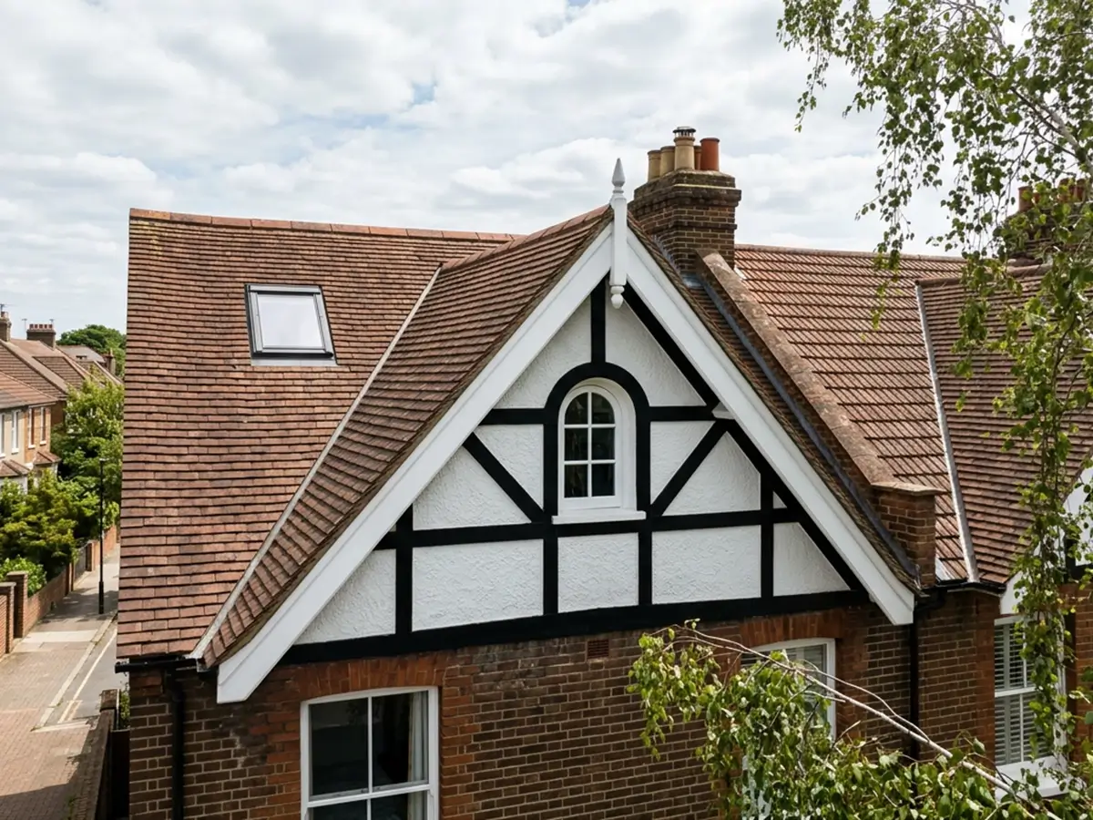 Timbered front gable and clay tile roof on an Edwardian house