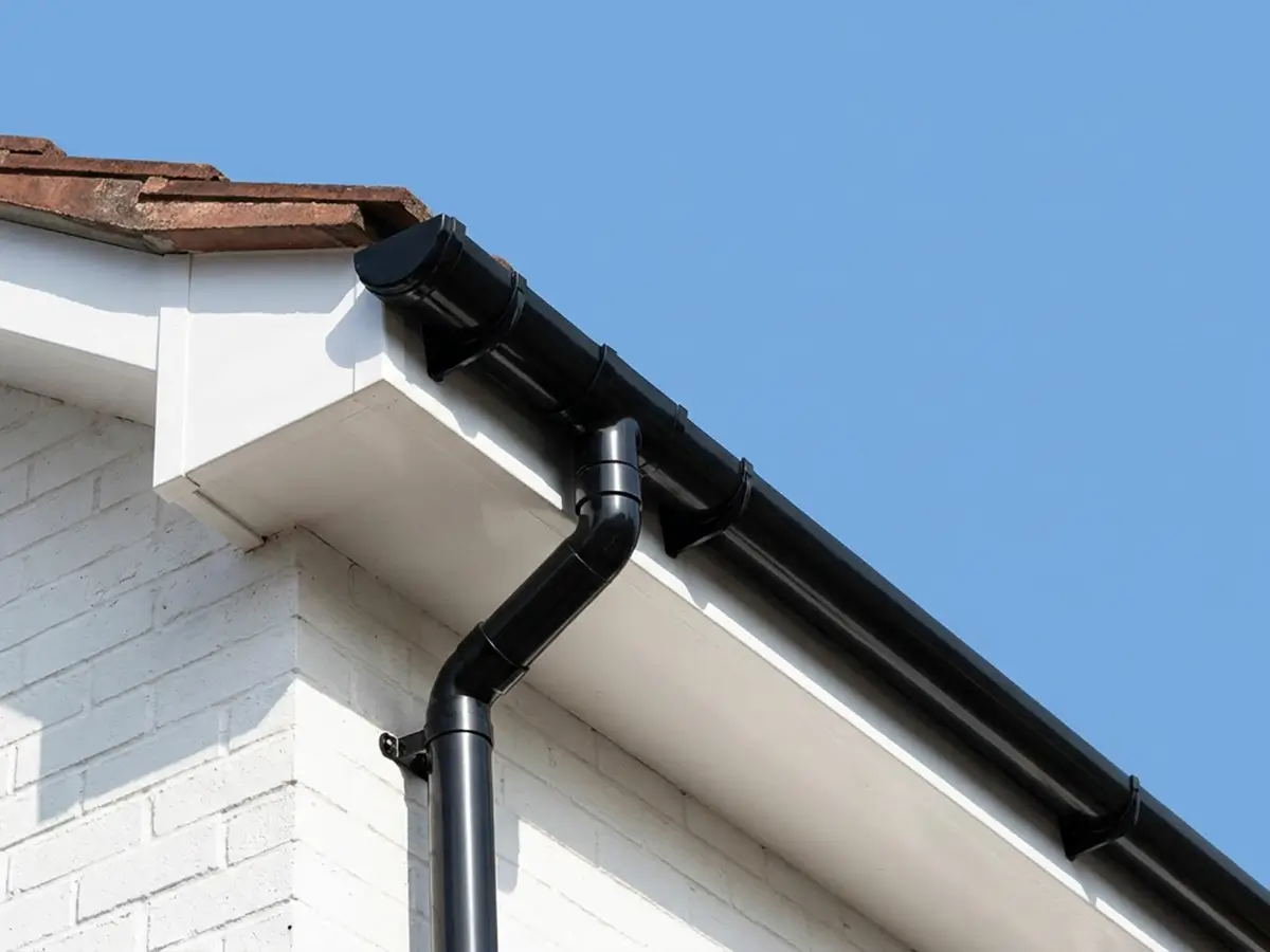 New black gutter and downpipe on a white fascia and soffit