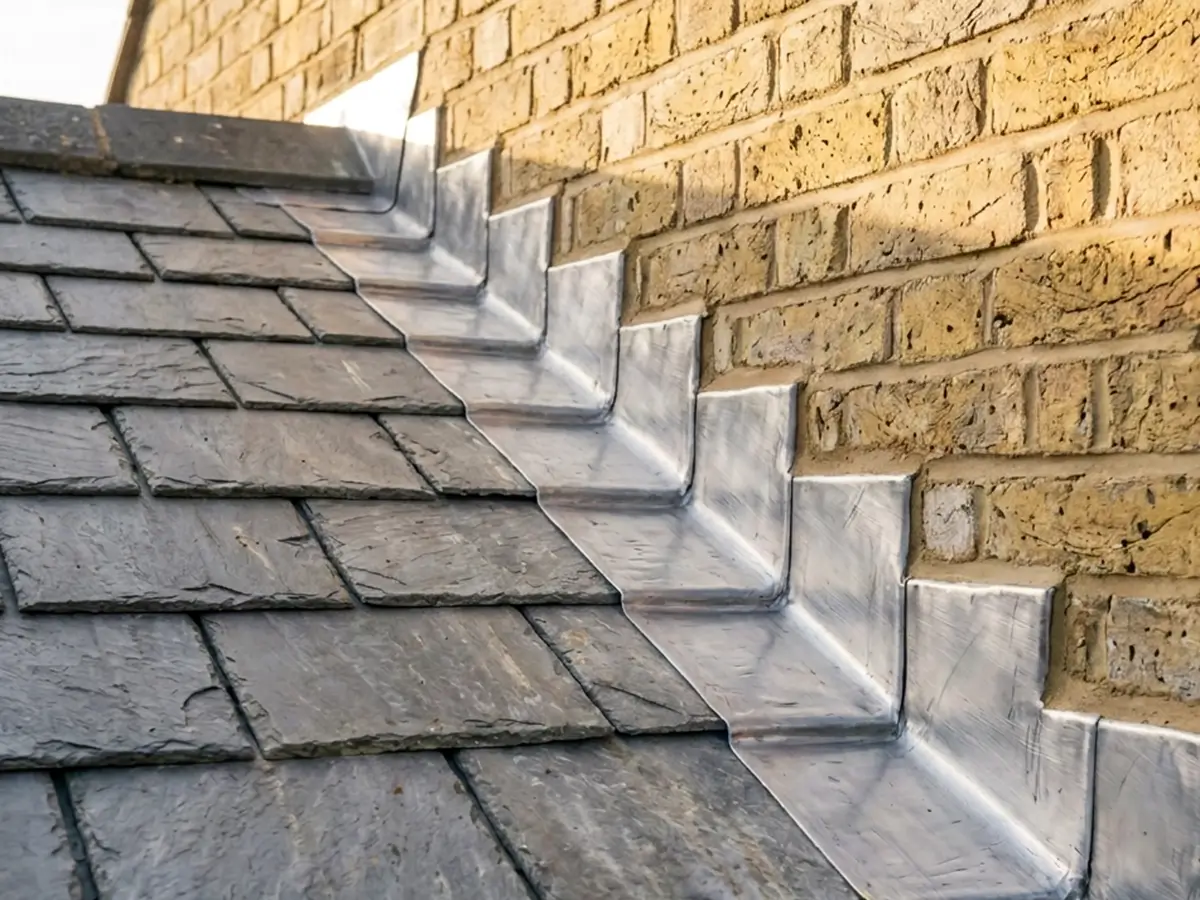 New stepped lead flashing where a slate roof meets a brick wall