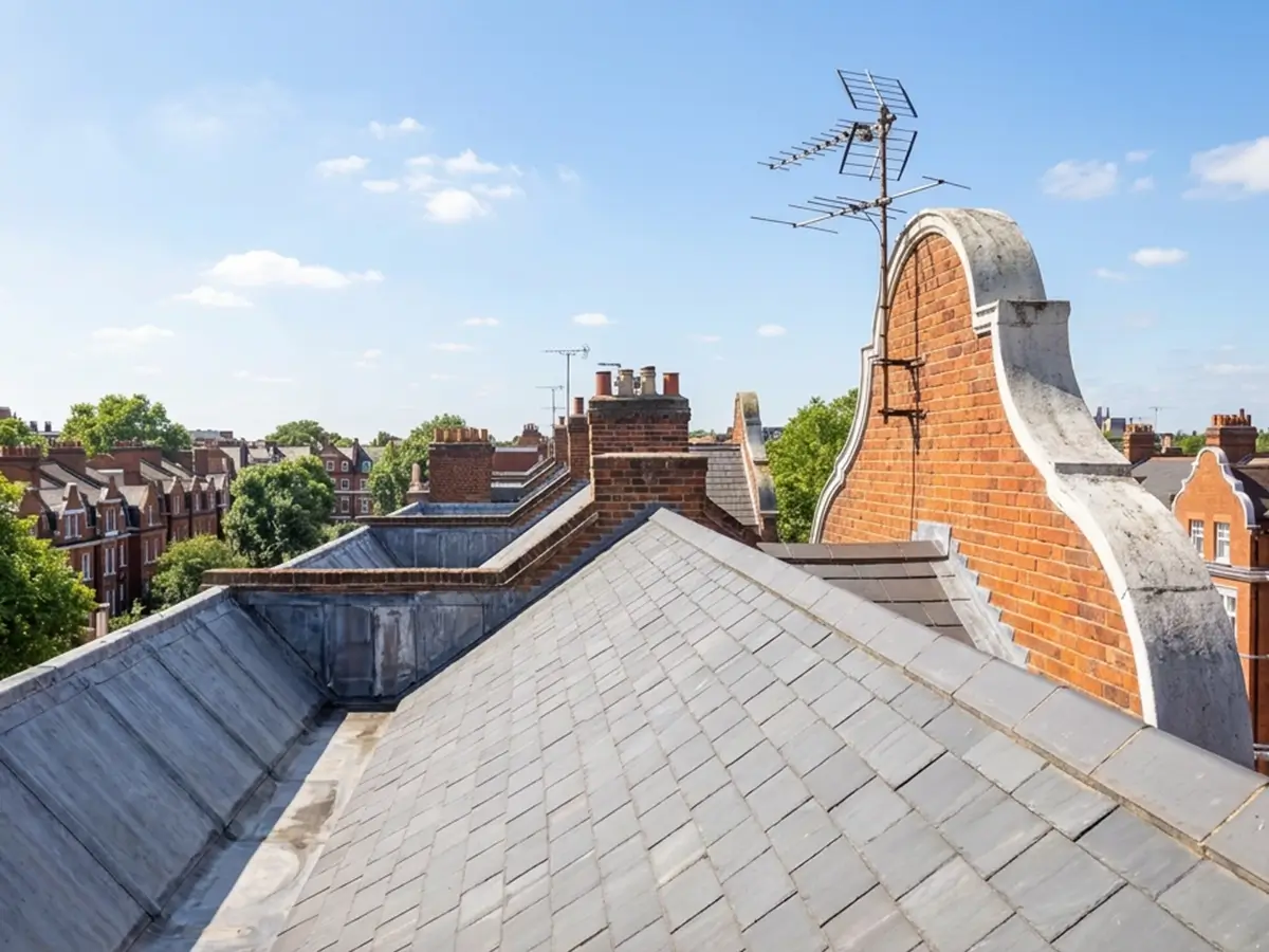 Slate roof and lead gutters behind a shaped brick gable