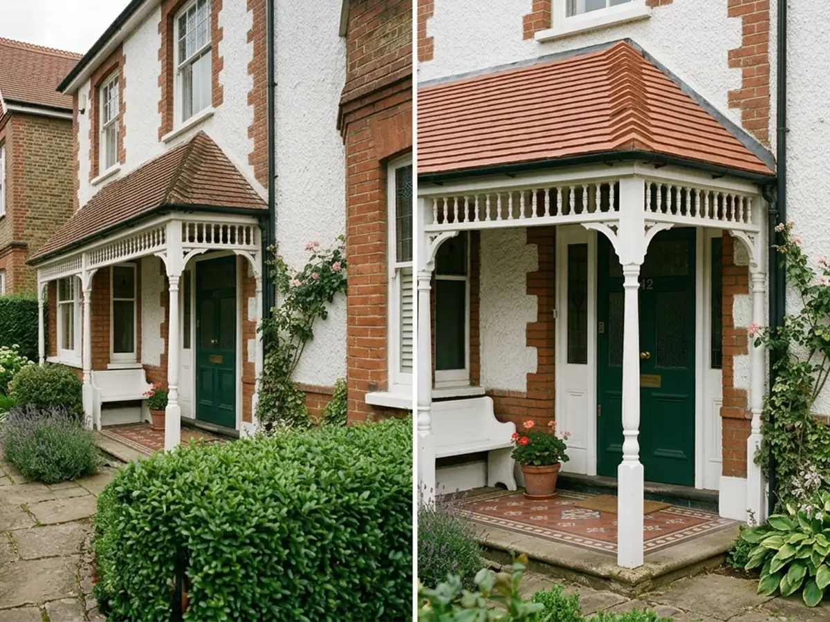 Tiled porch roof before and after re-tiling