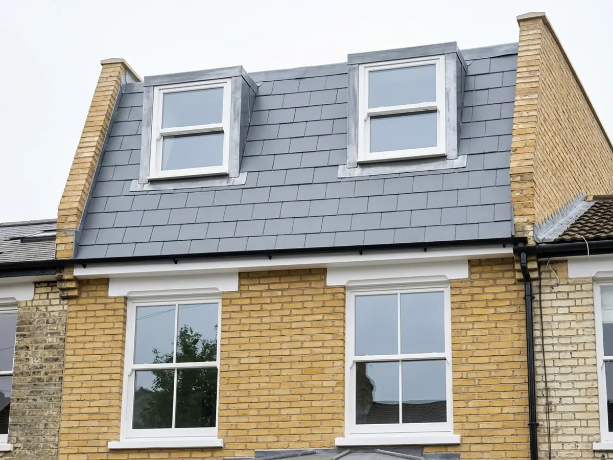 Slate mansard roof with two lead-clad dormer windows