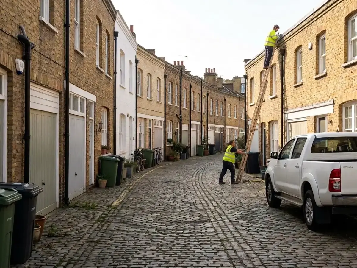 Roofer on a footed ladder at the roofline of a mews house