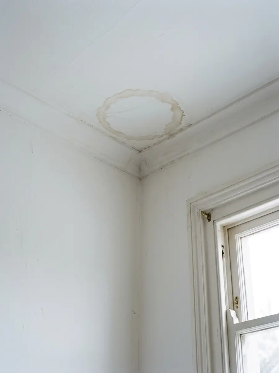 Water stain on a bedroom ceiling beside a sash window